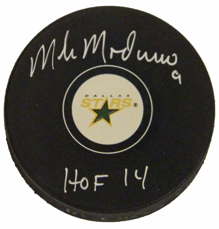 Mike Modano Autographed Dallas Stars Logo Hockey Puck with HOF 14-Powers Sports Memorabilia