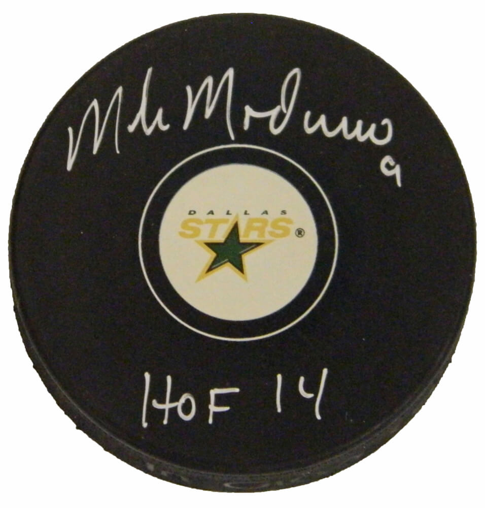 Mike Modano Autographed Dallas Stars Logo Hockey Puck with HOF 14-Powers Sports Memorabilia