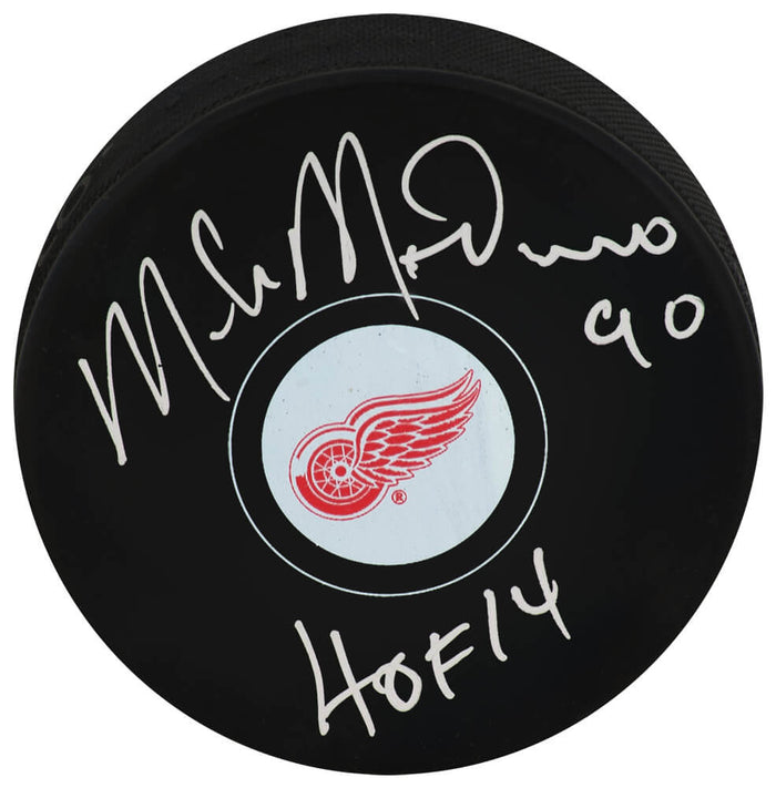 Mike Modano Autographed Detroit Red Wings Logo Hockey Puck with HOF'14-Powers Sports Memorabilia
