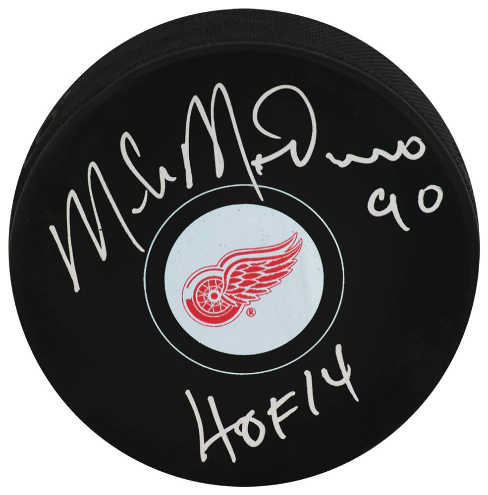 Mike Modano Autographed Detroit Red Wings Logo Hockey Puck with HOF'14-Powers Sports Memorabilia