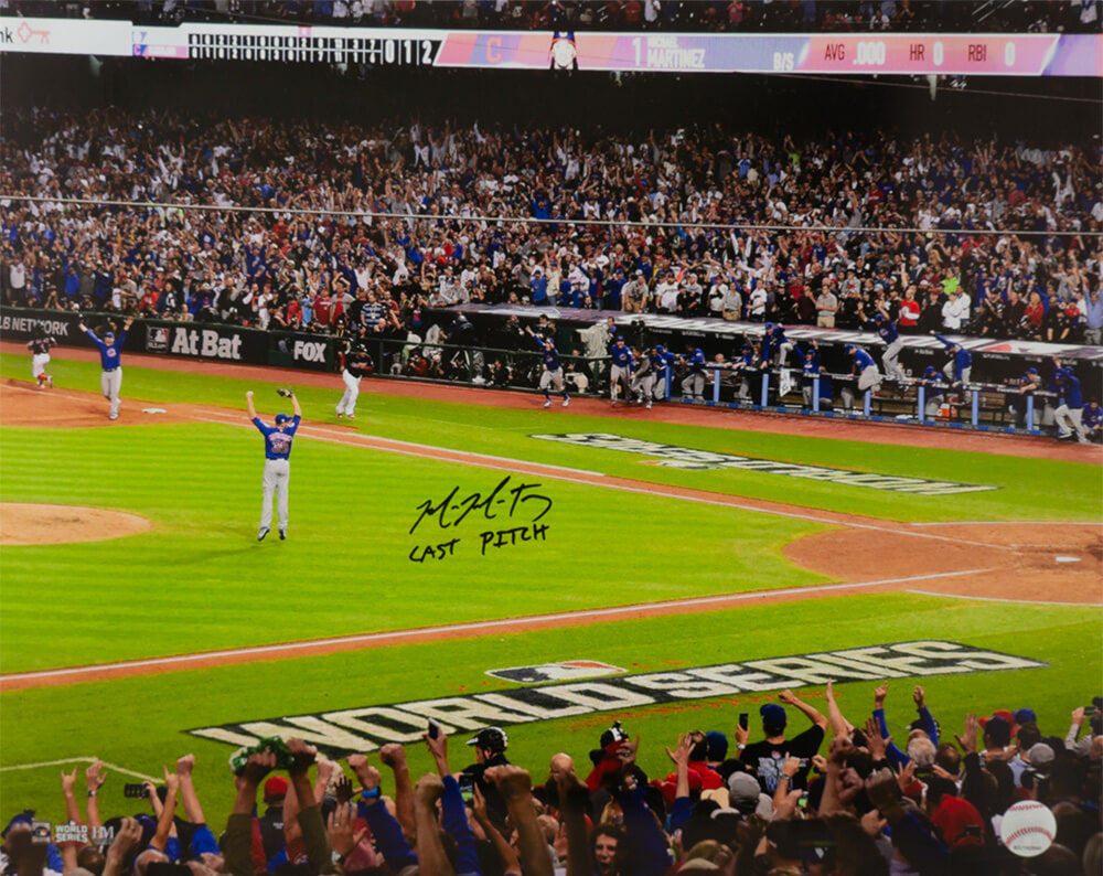 Mike Montgomery Autographed Chicago Cubs 2016 World Series Last Play 16x20 Photo with Last Pitch-Powers Sports Memorabilia