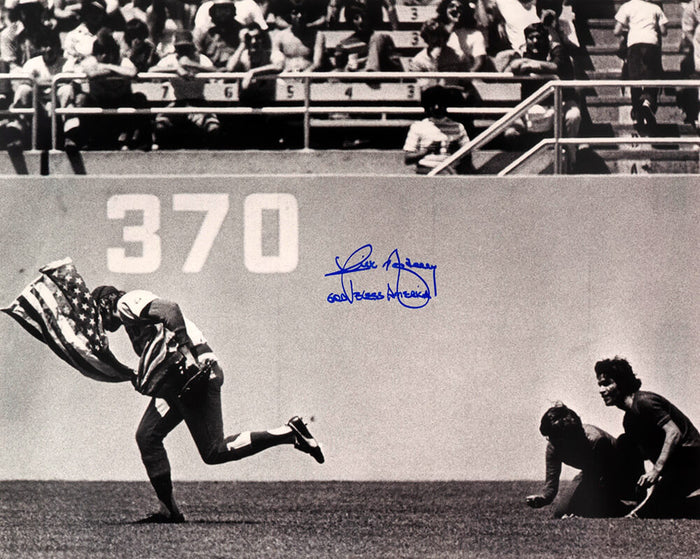 Rick Monday Autographed Chicago Cubs B&W American Flag On Field 16x20 Photo with God Bless America-Powers Sports Memorabilia