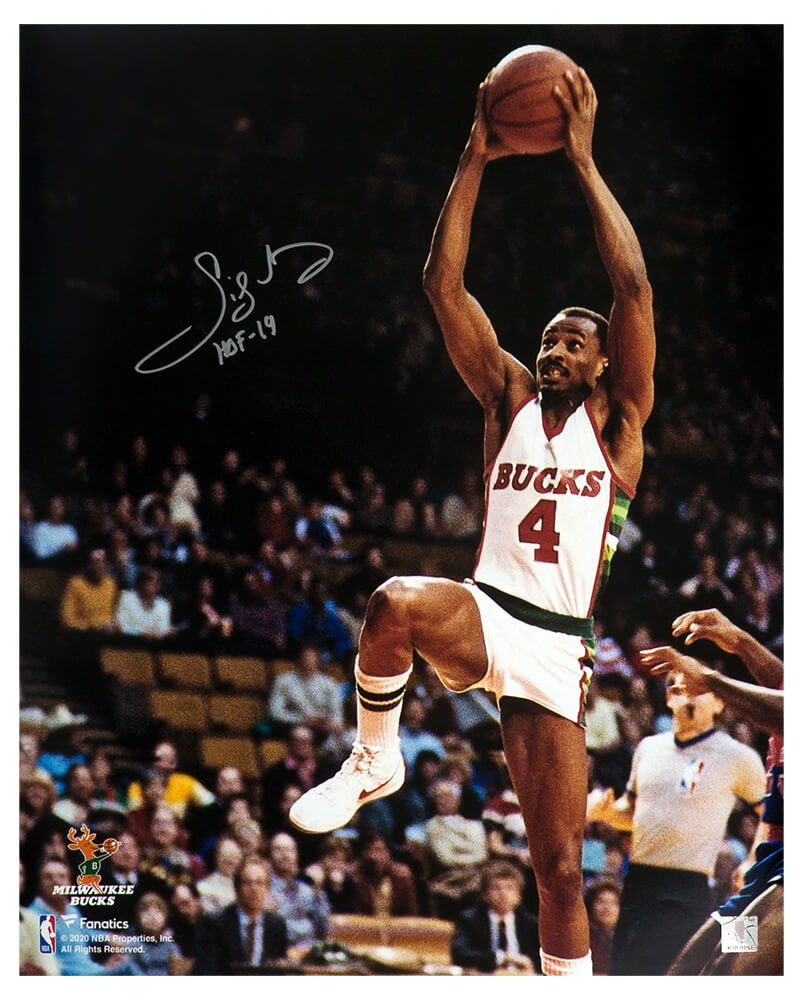 Sidney Moncrief Autographed Milwaukee Bucks White Jersey Action 16x20 Photo with HOF 19-Powers Sports Memorabilia