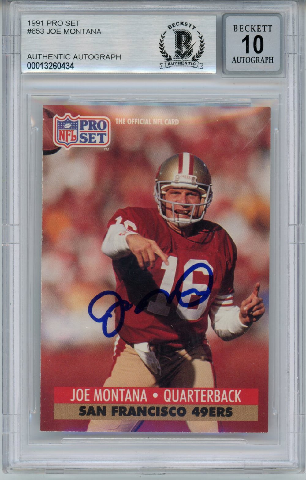 Joe Montana 1991 Pro Set #653 Trading Signed Card BAS 10 Slab-Powers Sports Memorabilia