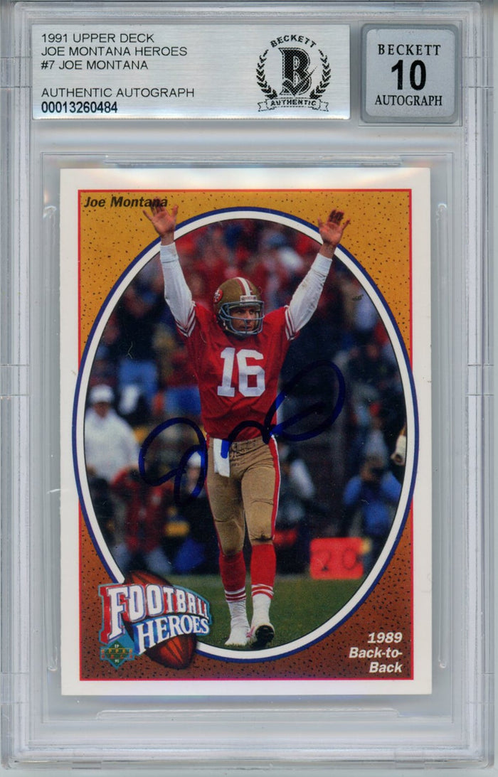 Joe Montana Signed 1991 Upper Deck #7 Trading Card BAS 10 Slab-Powers Sports Memorabilia