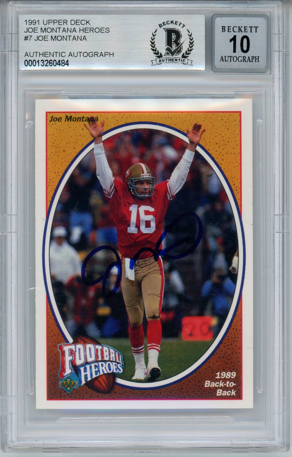Joe Montana Signed 1991 Upper Deck #7 Trading Card BAS 10 Slab-Powers Sports Memorabilia