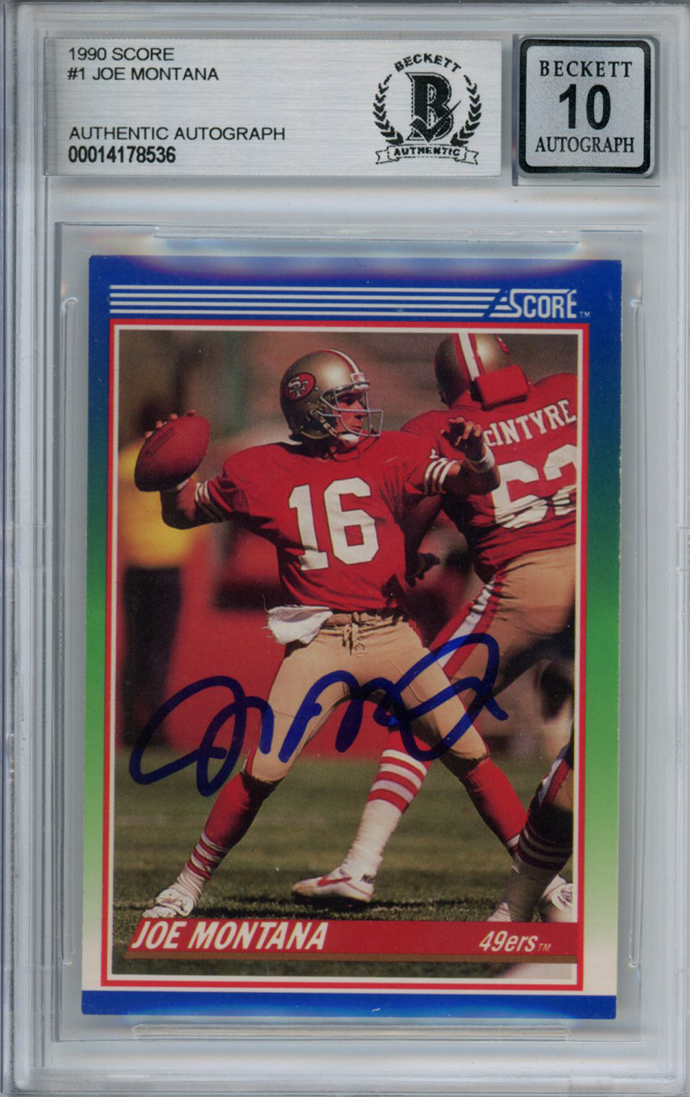 Joe Montana 1990 Score #1 Trading Signed Card Beckett 10 Slab Beckett-Powers Sports Memorabilia