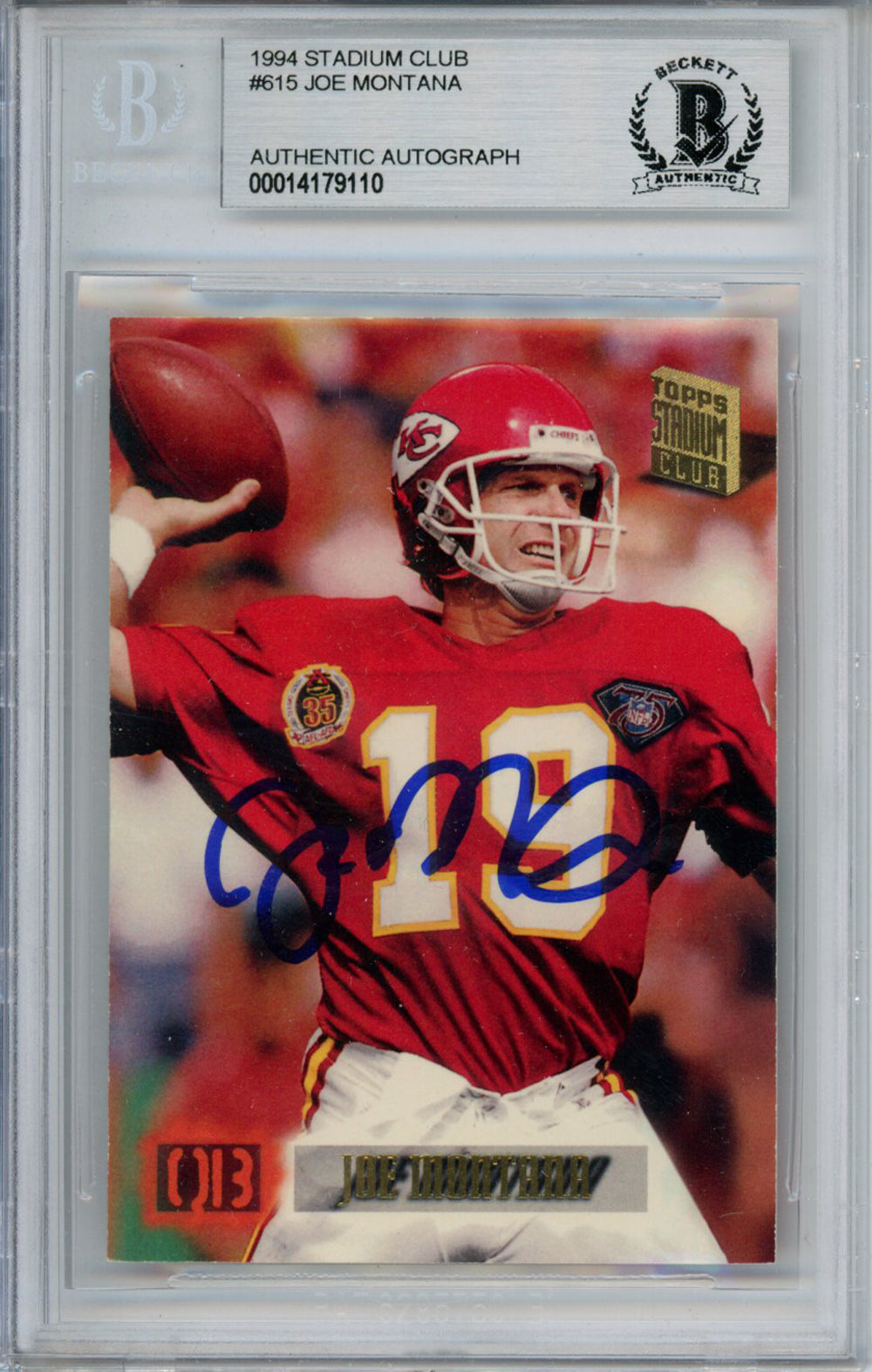 Joe Montana Kansas City Chiefs Signed Card - 1994 Stadium Club #615 Beckett Slab Beckett-Powers Sports Memorabilia