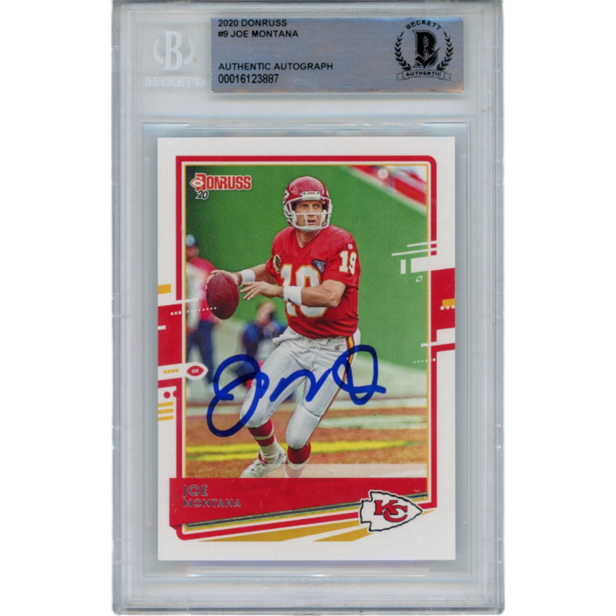 Joe Montana Kansas City Chiefs Signed Card - 2020 Donruss 9 Beckett Beckett-Powers Sports Memorabilia