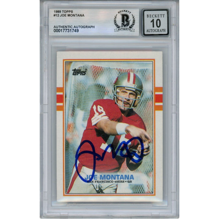 Joe Montana Signed 1989 Topps #12 Slab Trading Card – Beckett Authenticated-Powers Sports Memorabilia