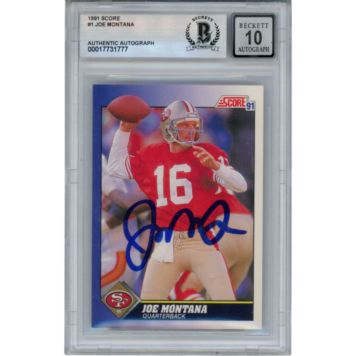 Joe Montana 1991 Score #1 Slab Trading Signed Card-Powers Sports Memorabilia