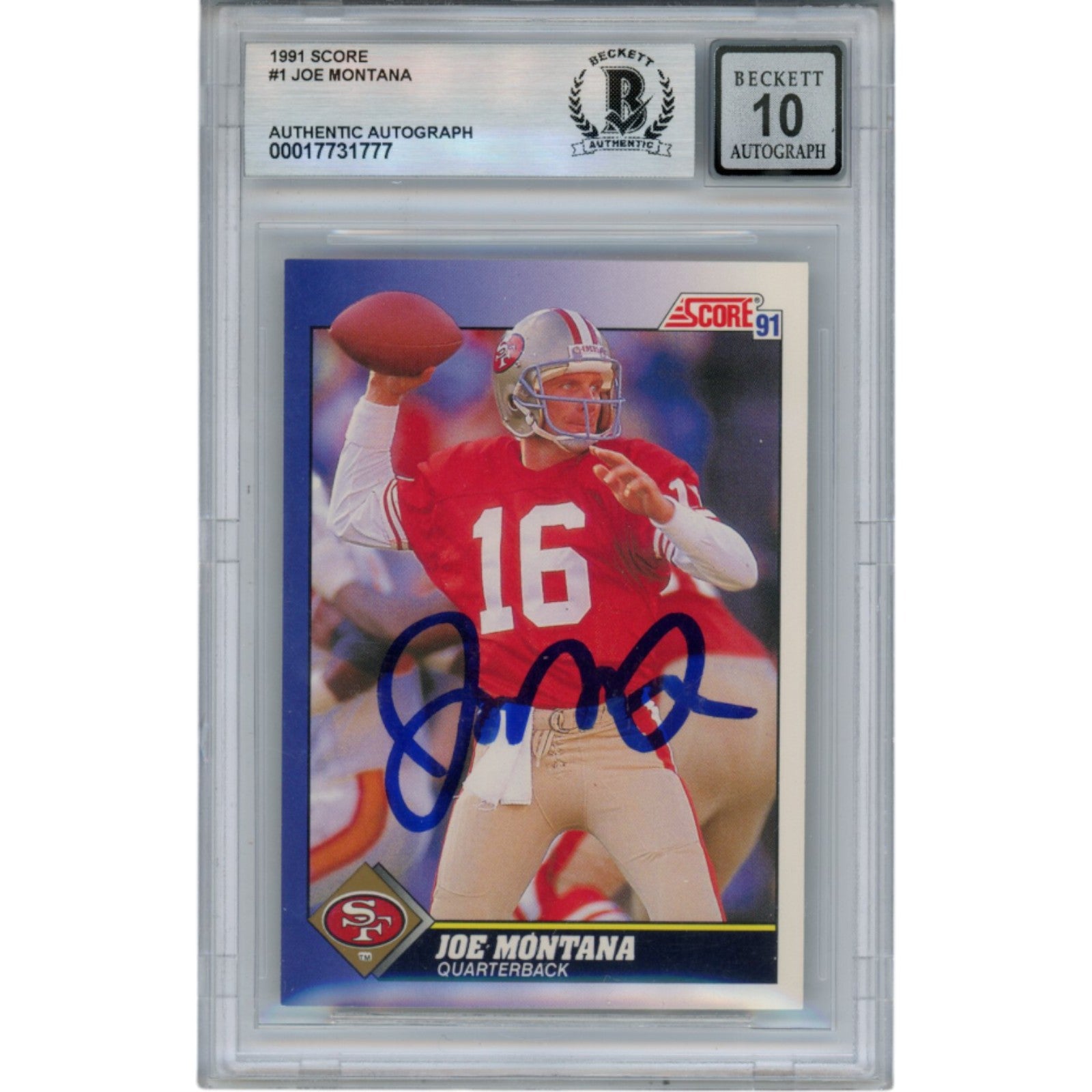 Joe Montana 1991 Score #1 Slab Trading Signed Card-Powers Sports Memorabilia