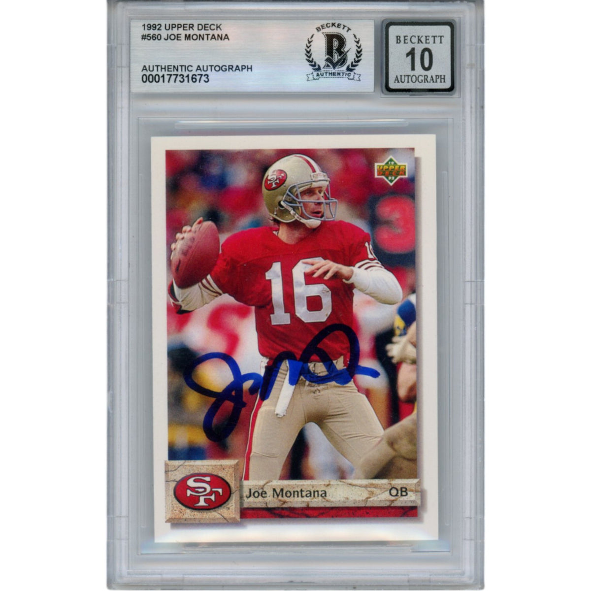 Joe Montana 1992 Upper Deck #560 Slab Trading Signed Card-Powers Sports Memorabilia