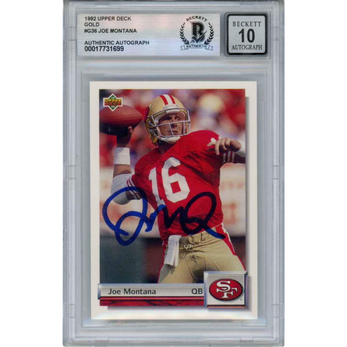Joe Montana 1992 Upper Deck #G36 Slab Trading Signed Card-Powers Sports Memorabilia