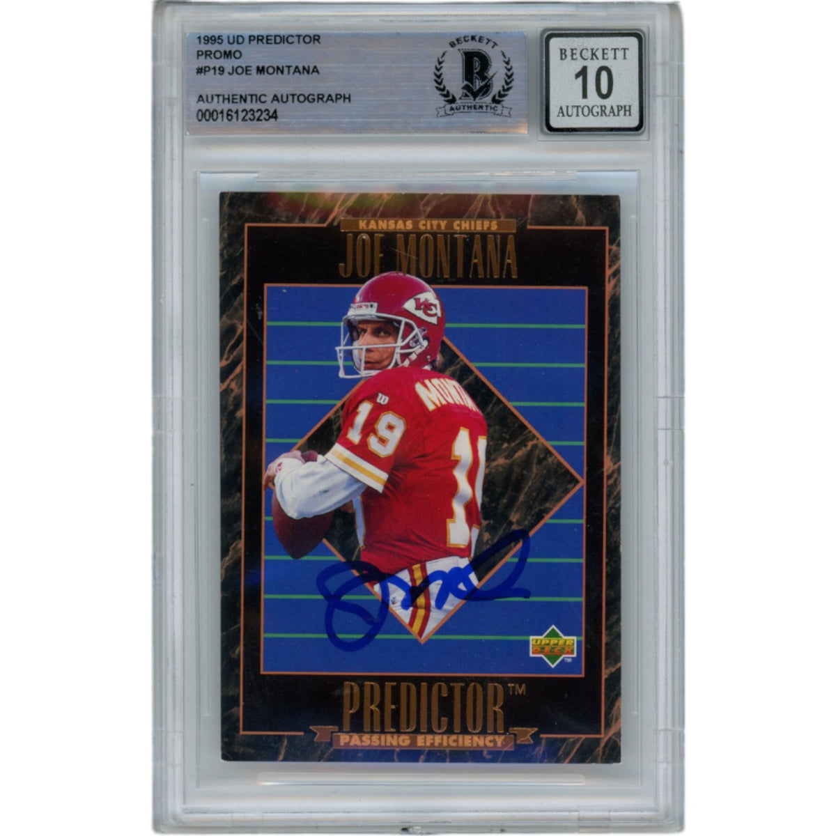 Joe Montana Kansas City Chiefs Signed Card - 1995 UD Predictor P19 10 Grade Beckett Beckett-Powers Sports Memorabilia
