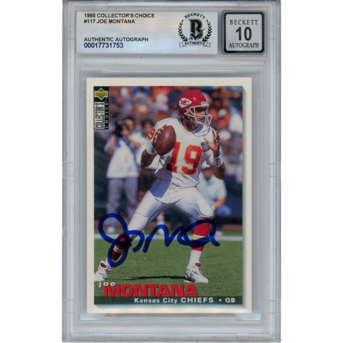 Joe Montana Montana, Joe Autographed Kansas City Chiefs 1995 Upper Deck Collectors #117 BAS slabbed ATC/ Signed Card - 49957-Powers Sports Memorabilia