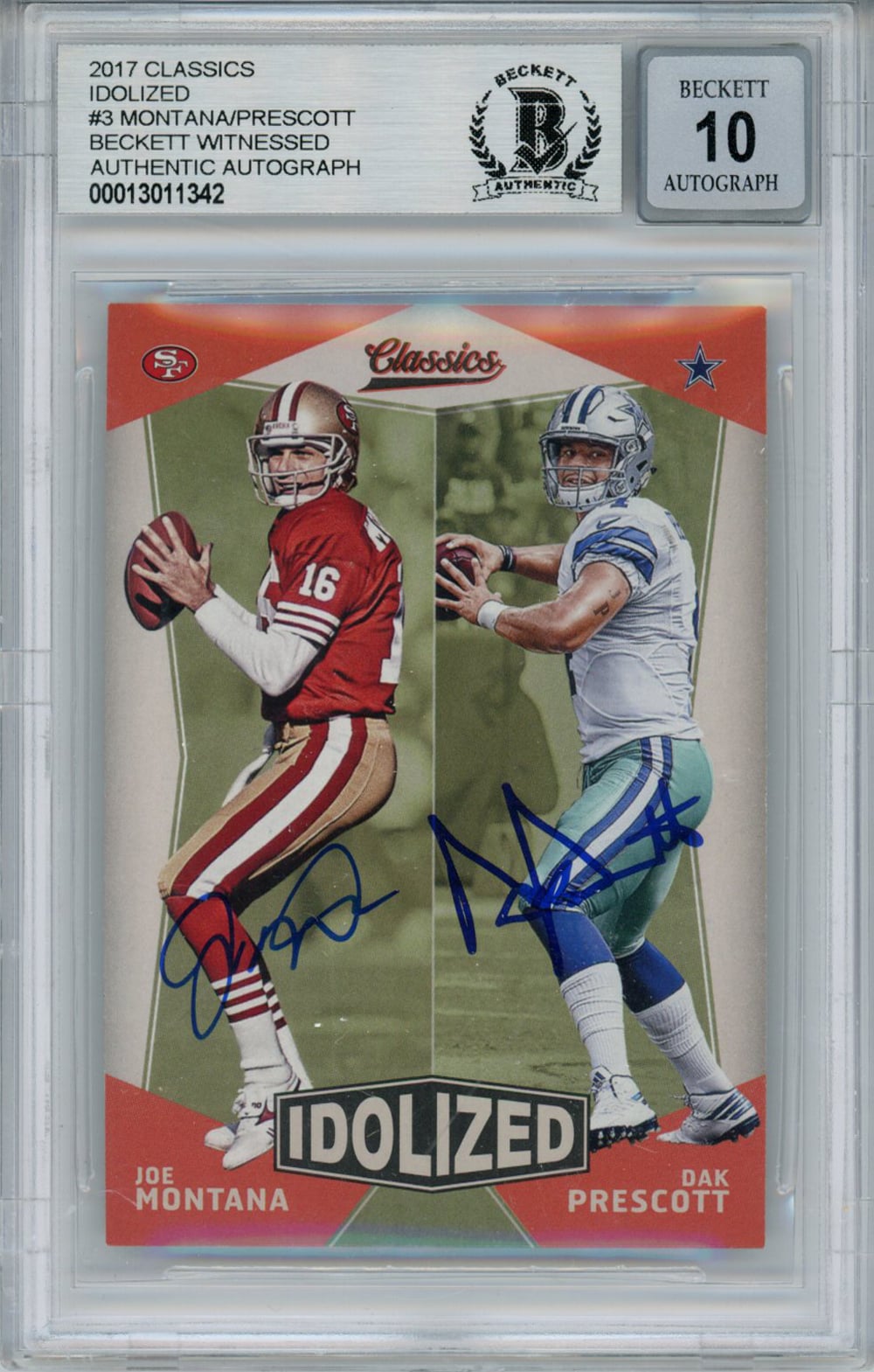 Joe Montana & Dak Prescott 2017 Idolized Classics Trading Card BAS 10 Slab-Powers Sports Memorabilia