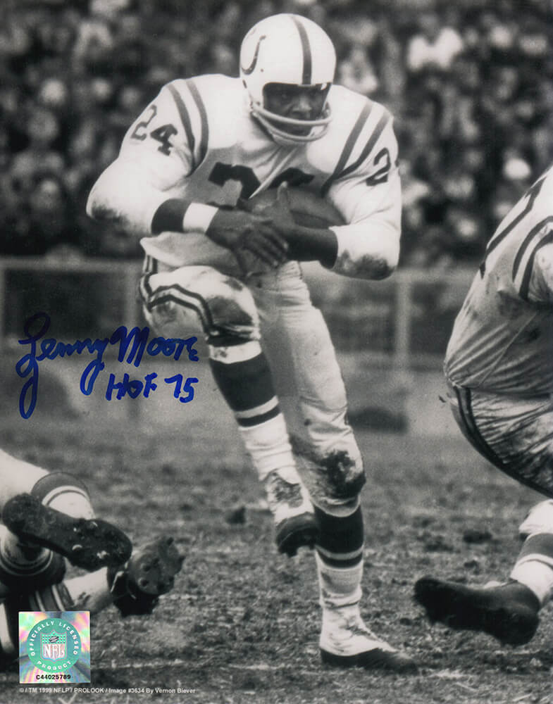 Lenny Moore Autographed Colts B&W Rushing Action 8x10 Photo with HOF'75-Powers Sports Memorabilia