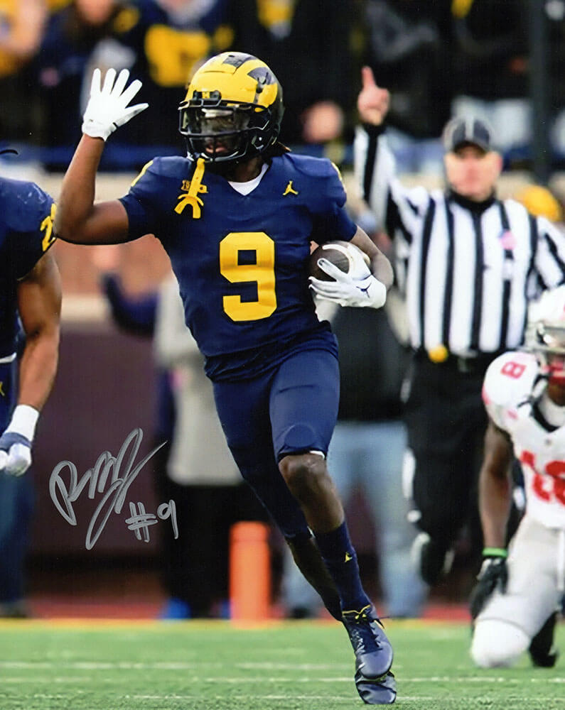 Rod Moore Autographed Michigan Wolverines Navy Jersey With Football 8x10 Photo-Powers Sports Memorabilia