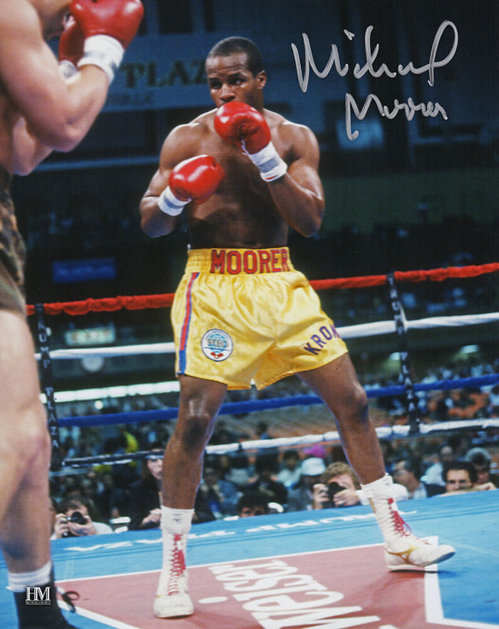 Michael Moorer Autographed Boxing Gold Trunks Action 8x10 Photo-Powers Sports Memorabilia