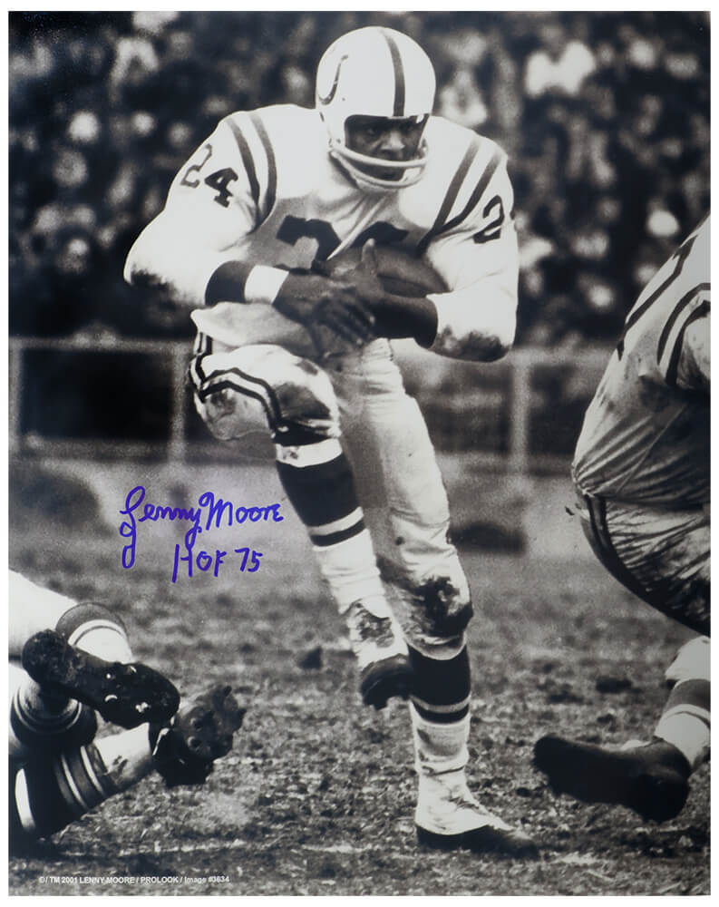 Lenny Moore Autographed Colts Action B&W 16x20 Photo with HOF'75-Powers Sports Memorabilia