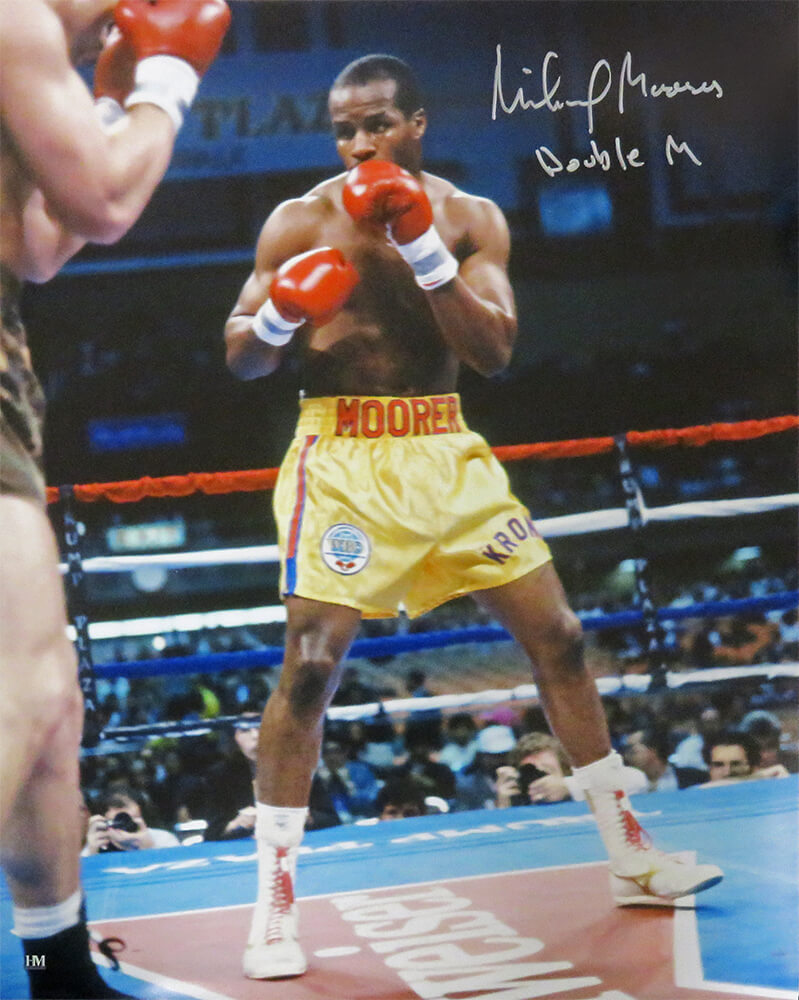 Michael Moorer Autographed Boxing Gold Trunks Action 16x20 Photo with Double M-Powers Sports Memorabilia