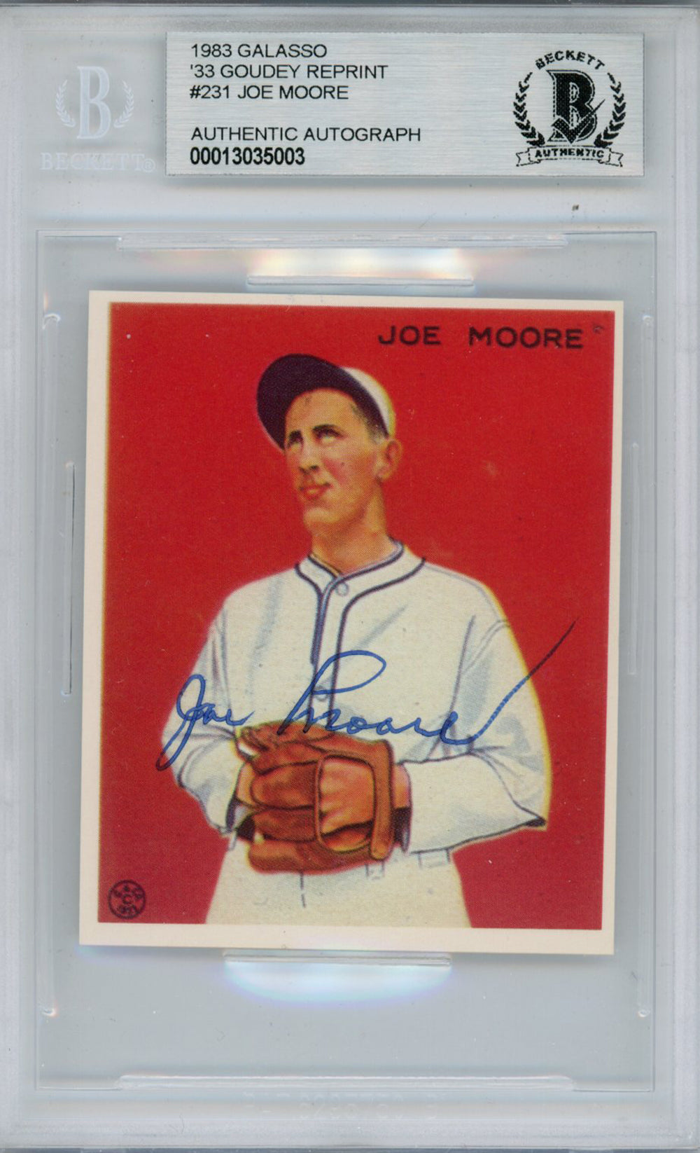 Joe Moore New York Giants Signed Card - 1983 Galasso '33 Goudey Reprint #231 Beckett Slab Beckett-Powers Sports Memorabilia