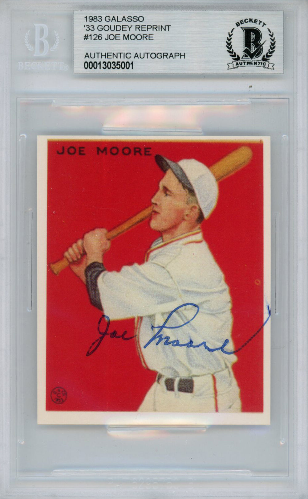 Joe Moore New York Giants Signed Card - 1983 Galasso '33 Goudey Reprint #126 BAS Slab Beckett-Powers Sports Memorabilia