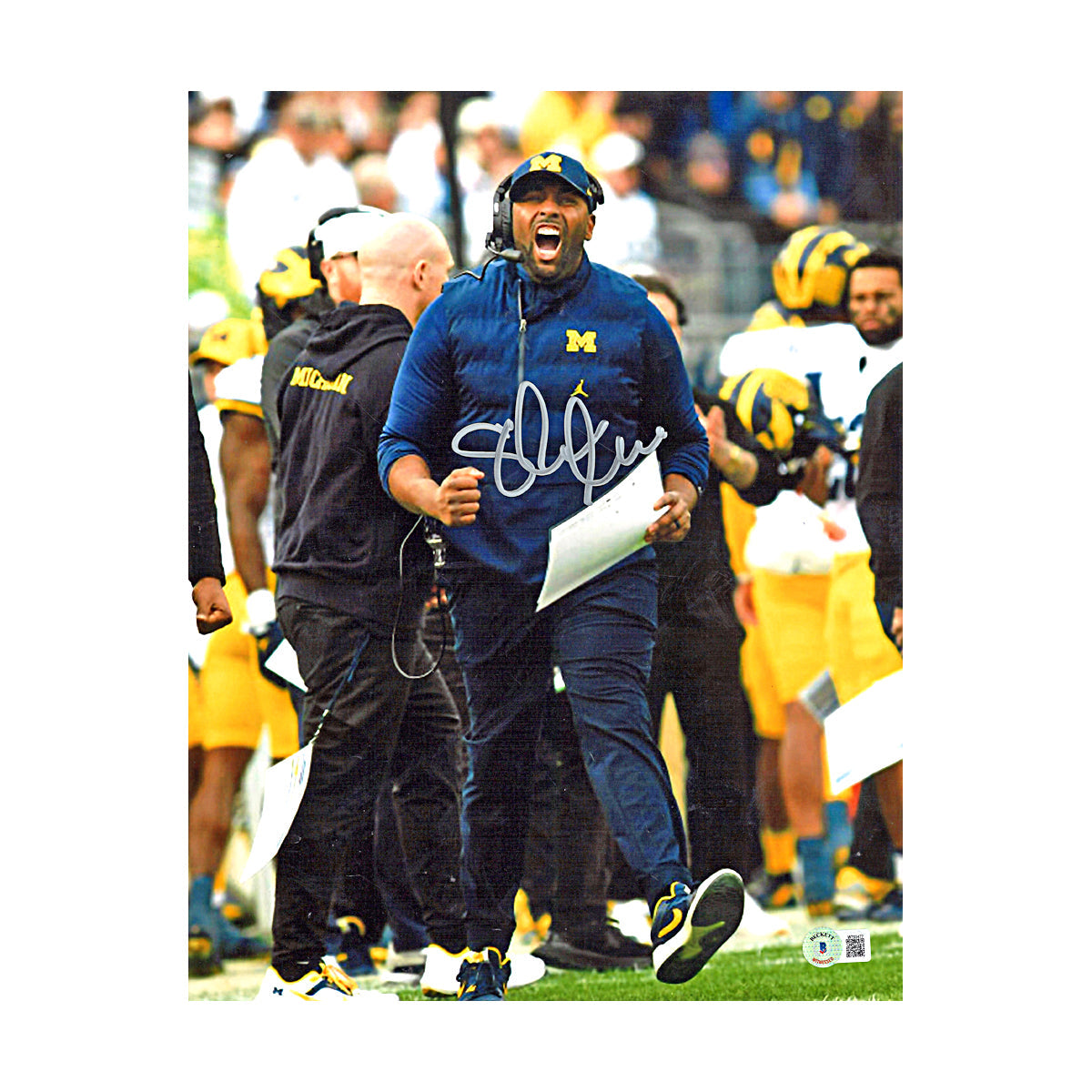 Sherrone Moore Michigan Wolverines Signed Shouting 11x14 Photo (Beckett Auth)-Powers Sports Memorabilia