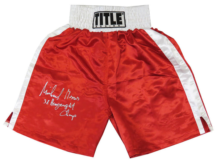 Michael Moorer Autographed Title Red Boxing Trunks with 3x Heavyweight Champ-Powers Sports Memorabilia