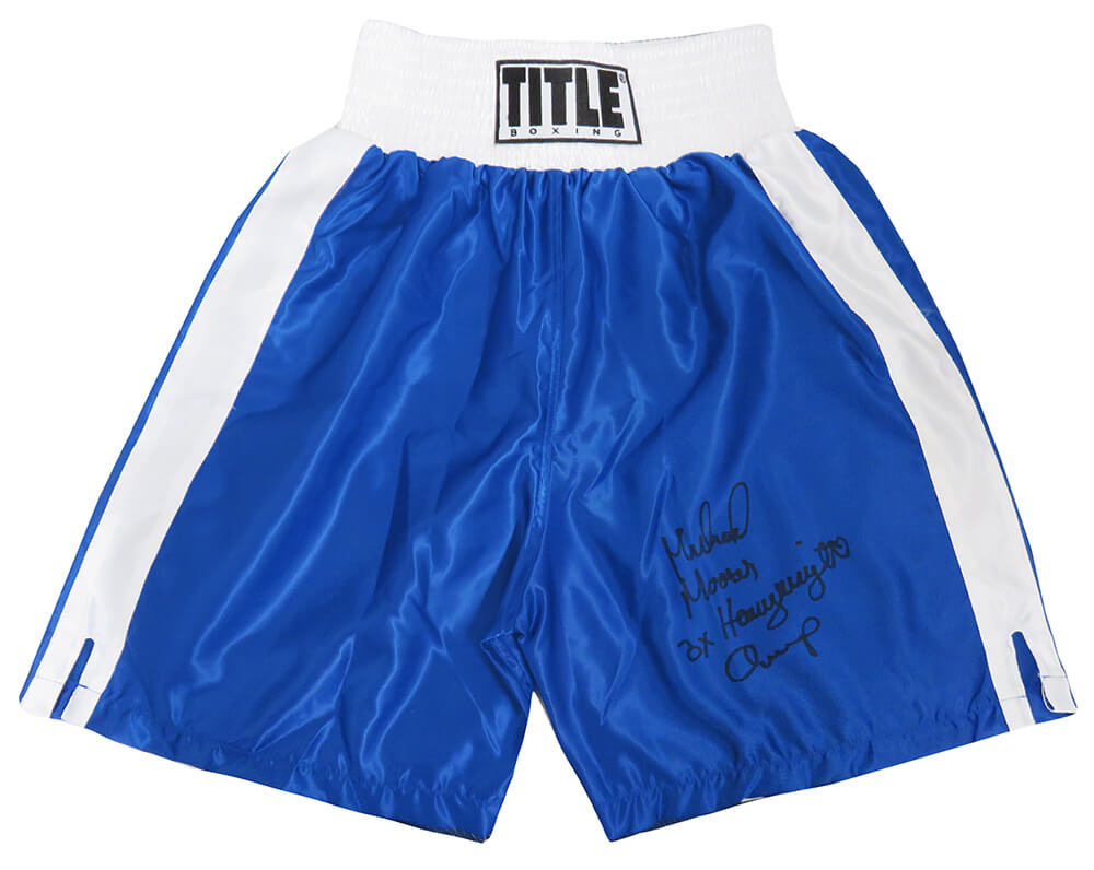 Michael Moorer Autographed Title Blue With White Trim Boxing Trunks with 3x Heavyweight Champ (In Black)-Powers Sports Memorabilia