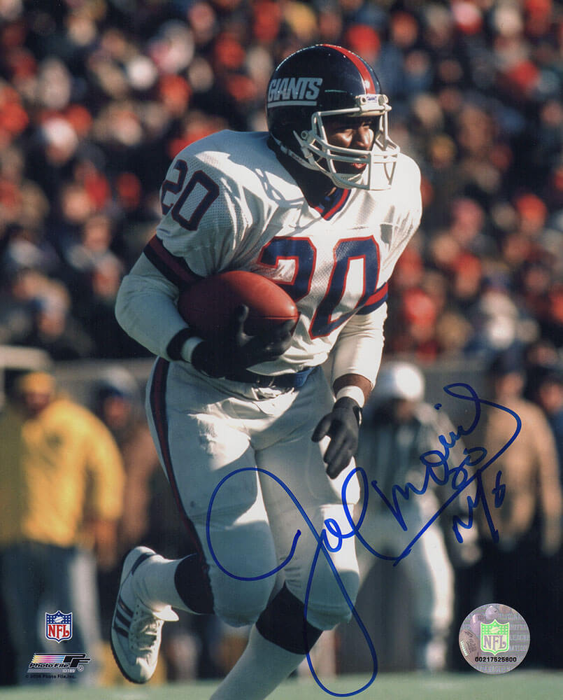 Joe Morris Autographed New York Giants White Jersey Running With Ball 8x10 Photo with NYG-Powers Sports Memorabilia
