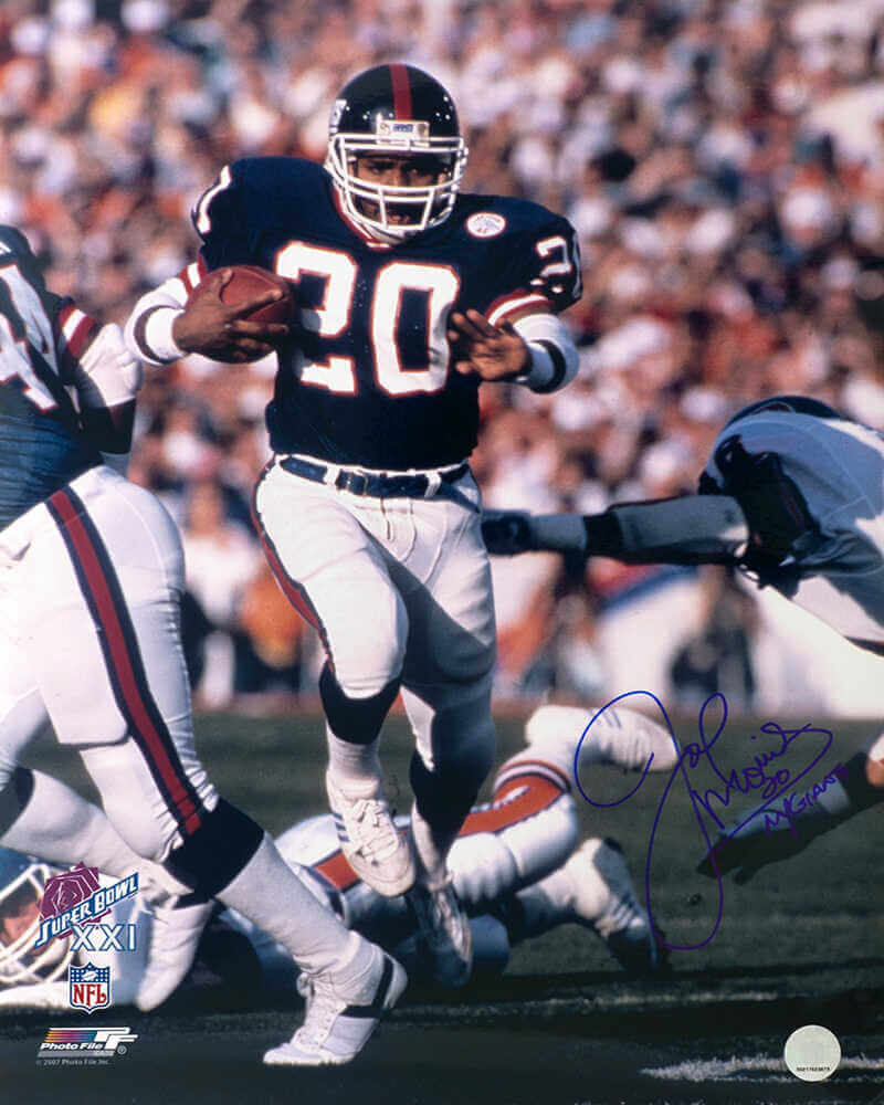 Joe Morris Autographed New York Giants White Jersey Running With Ball 16x20 Photo with NY Giants-Powers Sports Memorabilia