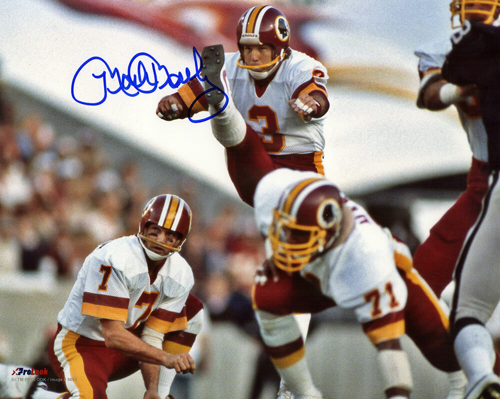 Mark Moseley Autographed Washington Football Team White Jersey Kicking Action 8×10 Photo-Powers Sports Memorabilia
