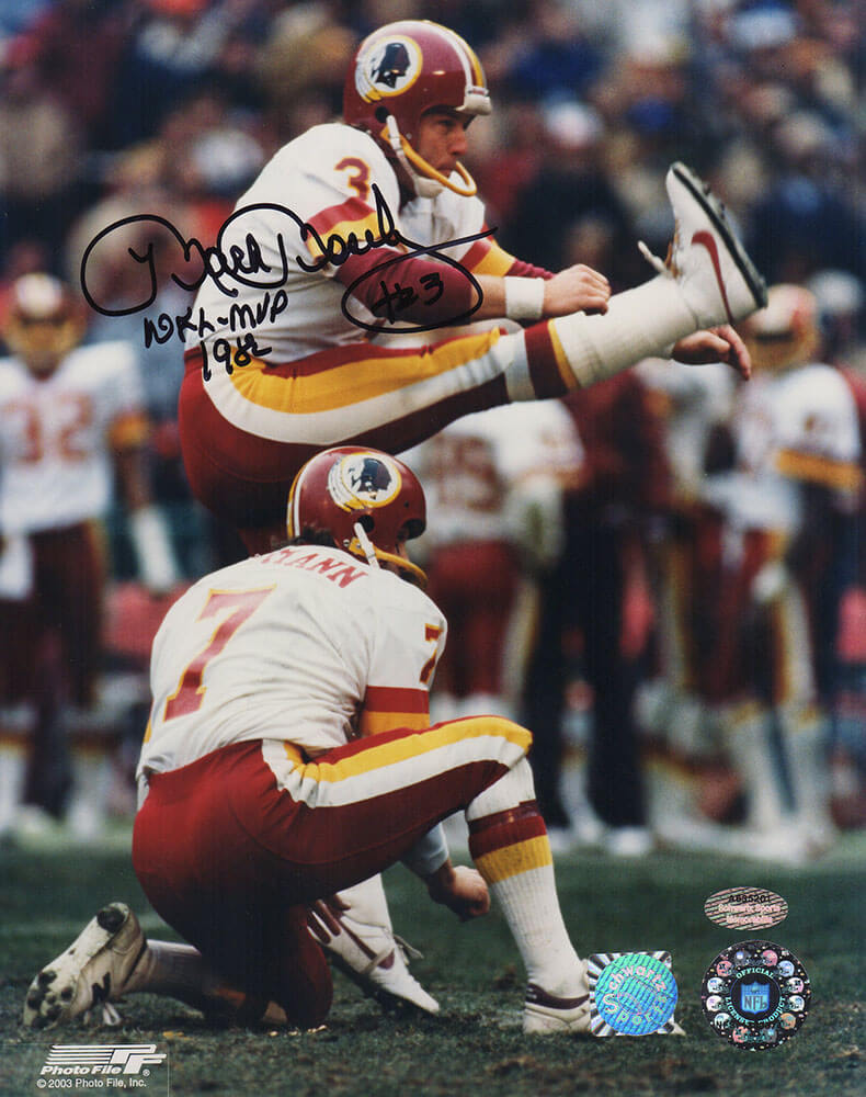 Mark Moseley Autographed Washington Football Team White Jersey Kicking Action 8x10 Photo with NFL MVP 1982-Powers Sports Memorabilia