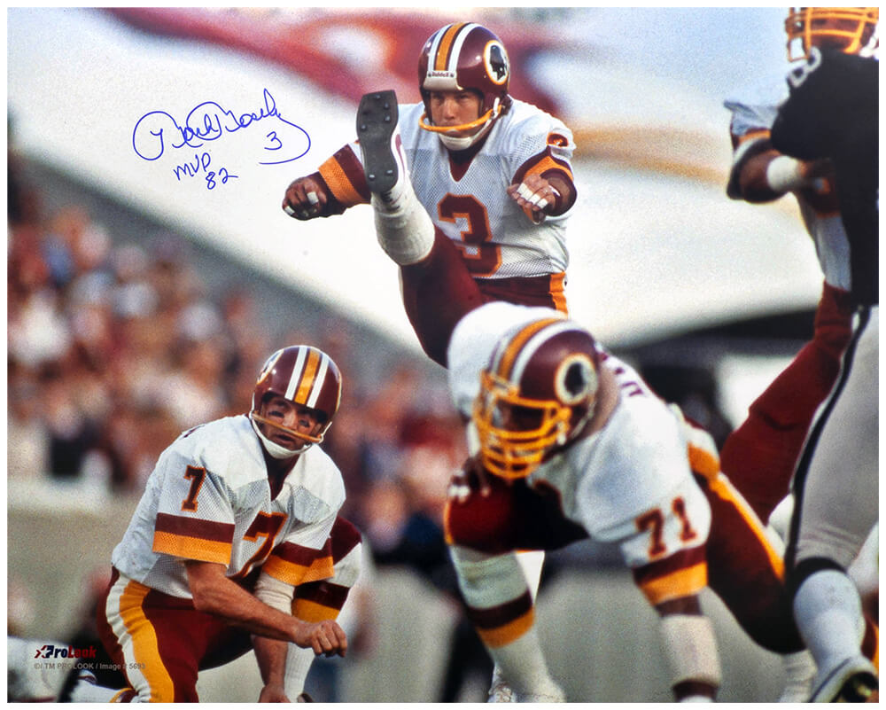Mark Moseley Autographed Washington Football Team Kicking Field Goal Action 16x20 Photo with MVP'82-Powers Sports Memorabilia