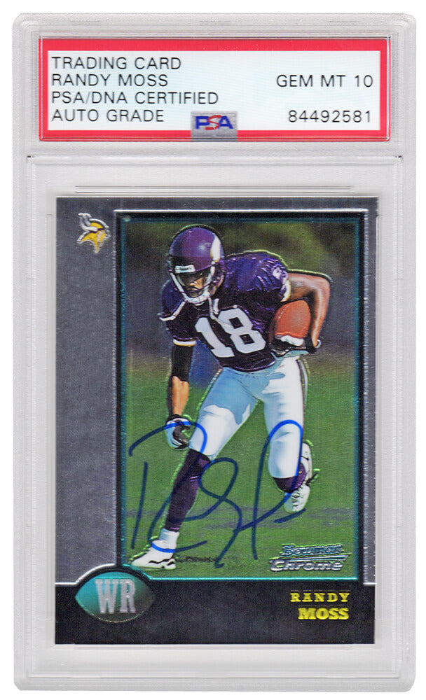 Randy Moss Autographed Vikings 1998 Bowman Chrome Rookie Card #182 (PSA/DNA Encapsulated Autographed Grade 10)-Powers Sports Memorabilia