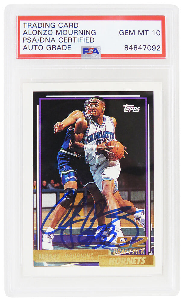 Alonzo Mourning Autographed Charlotte Hornets 1992 93 Topps GOLD Rookie Basketball Card #393 (PSA Encapsulated Autographed Grade 10)-Powers Sports Memorabilia