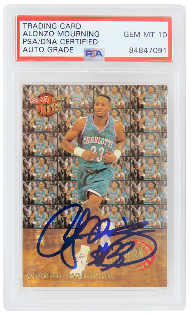 Alonzo Mourning Autographed Charlotte Hornets 1992 93 Fleer Ultra All Rookie Series Card #6 (PSA Encapsulated Autographed Grade 10)-Powers Sports Memorabilia