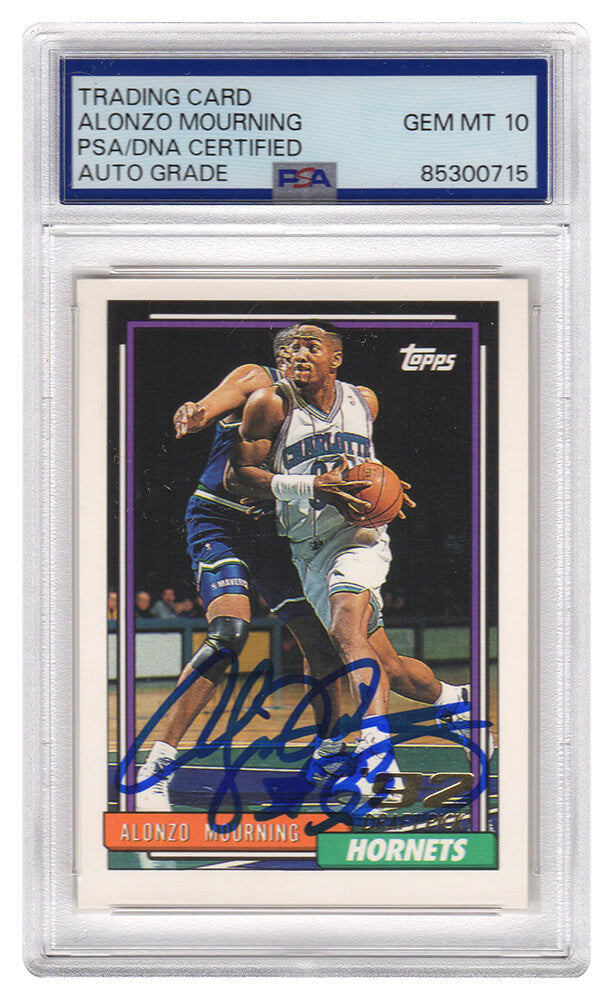 Alonzo Mourning Autographed Hornets 1992 93 Topps Rookie Basketball Card #393 (PSA Encapsulated Autographed Grade 10)-Powers Sports Memorabilia