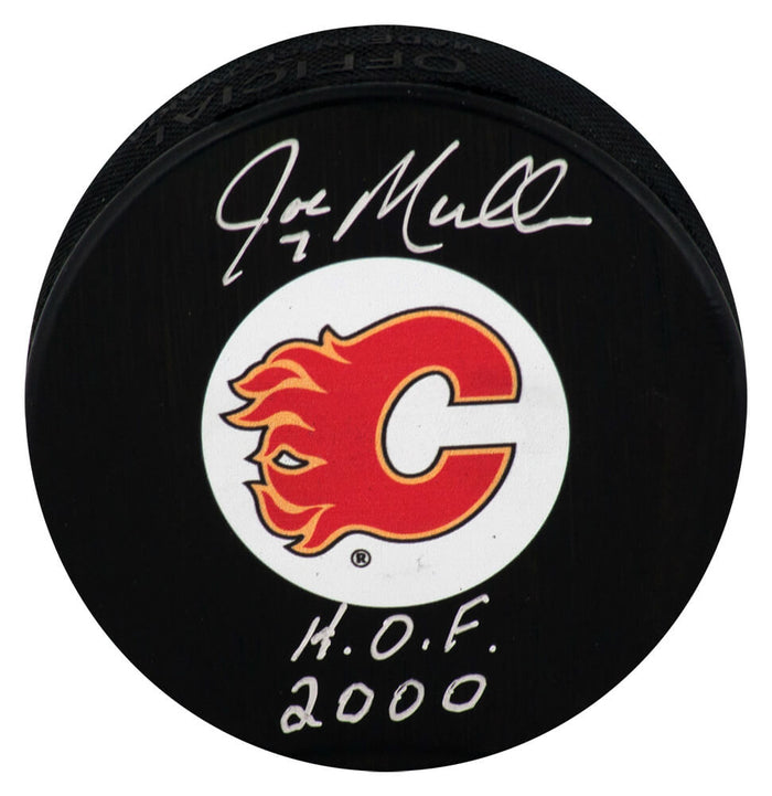 Joe Mullen Calgary Flames Autographed Medium Logo Hockey Puck-Powers Sports Memorabilia