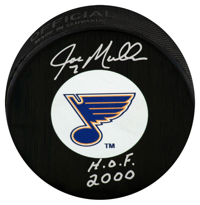 Joe Mullen Autographed St Louis Blues Logo Hockey Puck with HOF 2000-Powers Sports Memorabilia