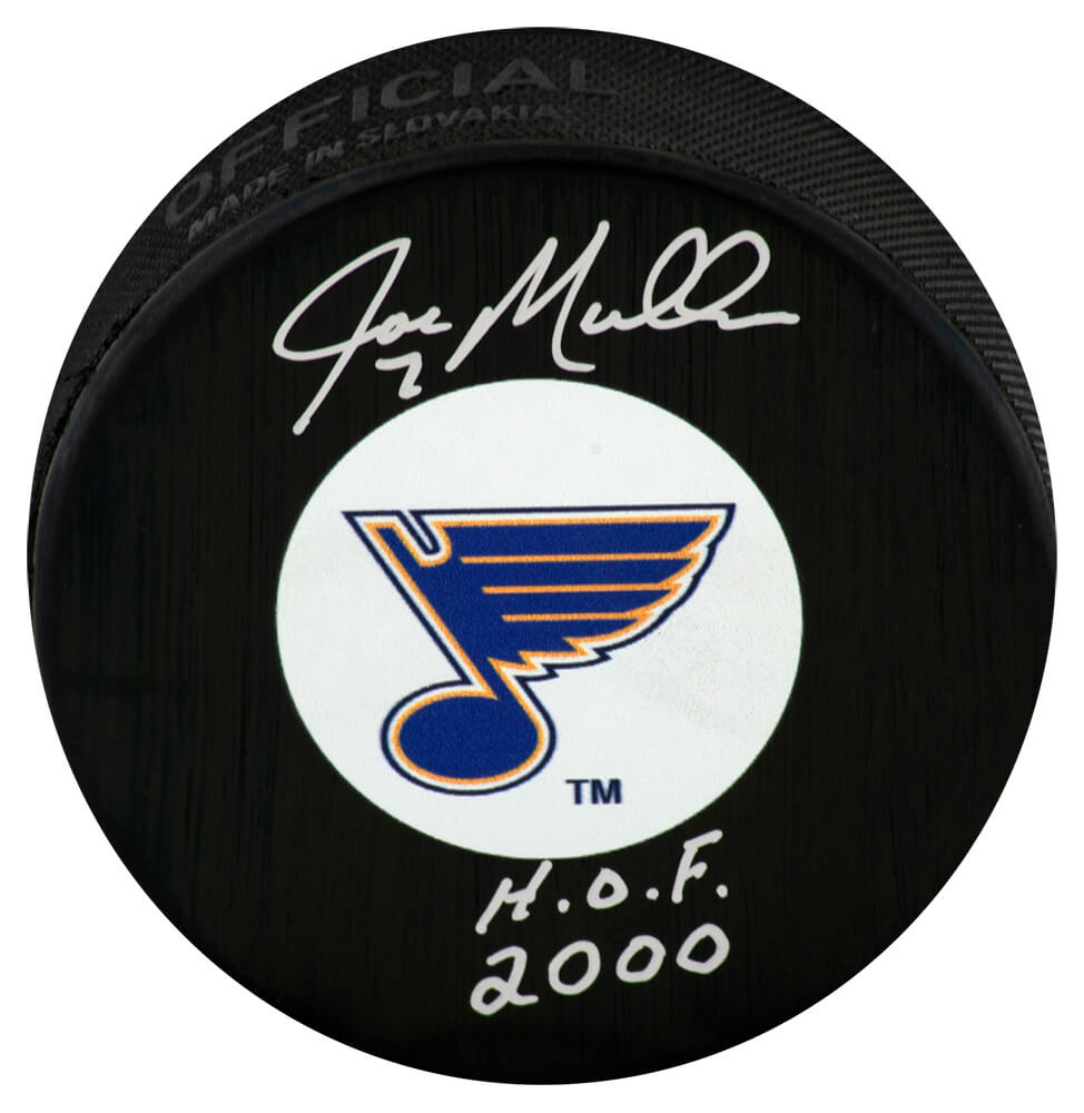 Joe Mullen Autographed St Louis Blues Logo Hockey Puck with HOF 2000-Powers Sports Memorabilia