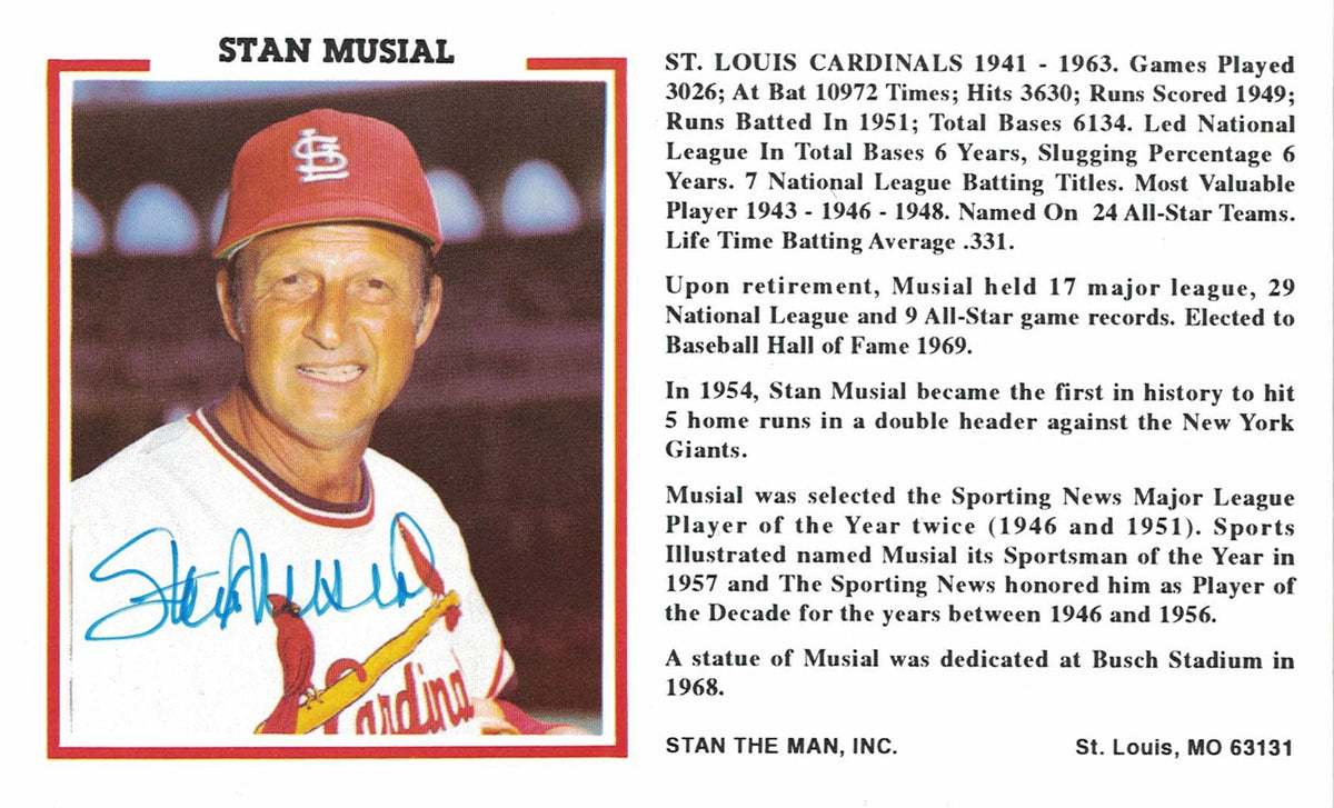 Stan Musial St Louis Cardinals Signed Mini Helmet - 4x6 Stat Post Beckett-Powers Sports Memorabilia