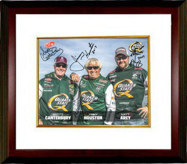 Jimmy Houston Autographed Quaker State- FLW 8 x 10 Photograph Custom Framing (3 sig) with Scott Canterbury & Matt Arey- 2017 (Angler/Fishing) - CTBL_MW19795-Powers Sports Memorabilia