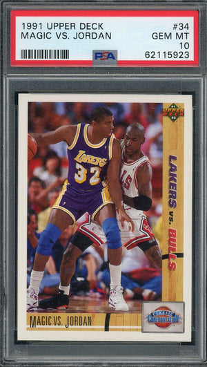 Michael Jordan Magic Johnson 1991 Upper Deck Basketball Card #34 Graded PSA 10-Powers Sports Memorabilia