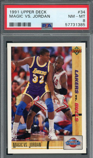 Michael Jordan Magic Johnson 1991 Upper Deck Basketball Card #34 Graded PSA 8-Powers Sports Memorabilia