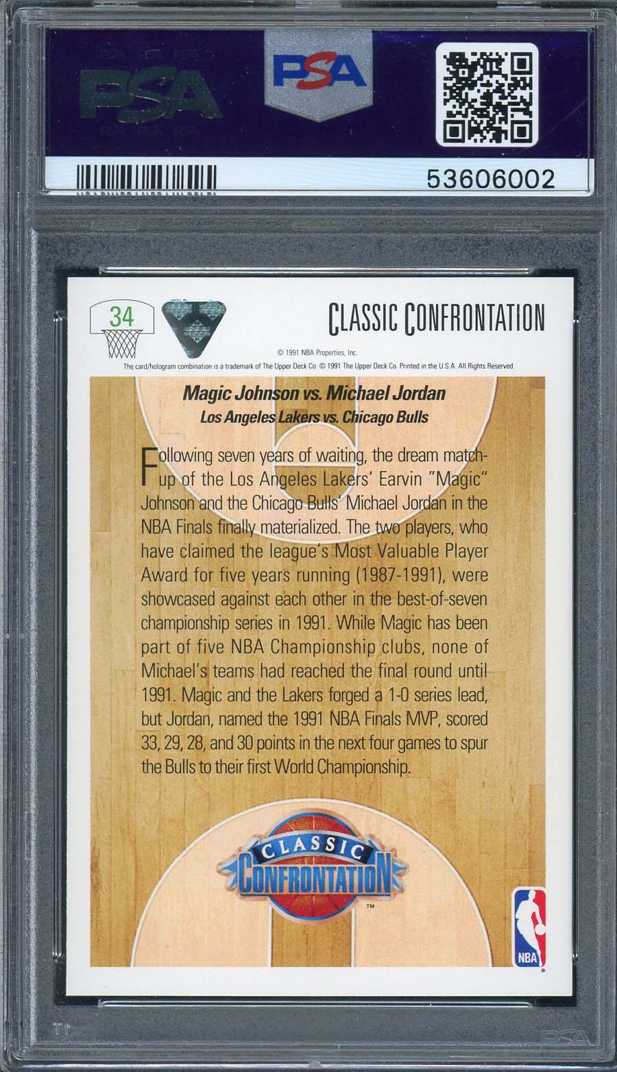 Michael Jordan Magic Johnson 1991 Upper Deck Basketball Card #34 Graded PSA 9-Powers Sports Memorabilia