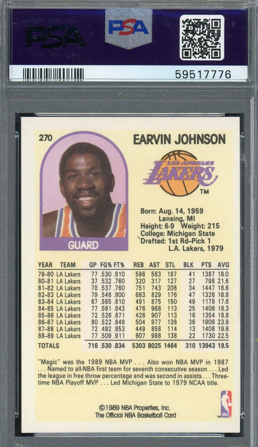 Magic Johnson 1989 Hoops Basketball Card #270 Graded PSA 9-Powers Sports Memorabilia