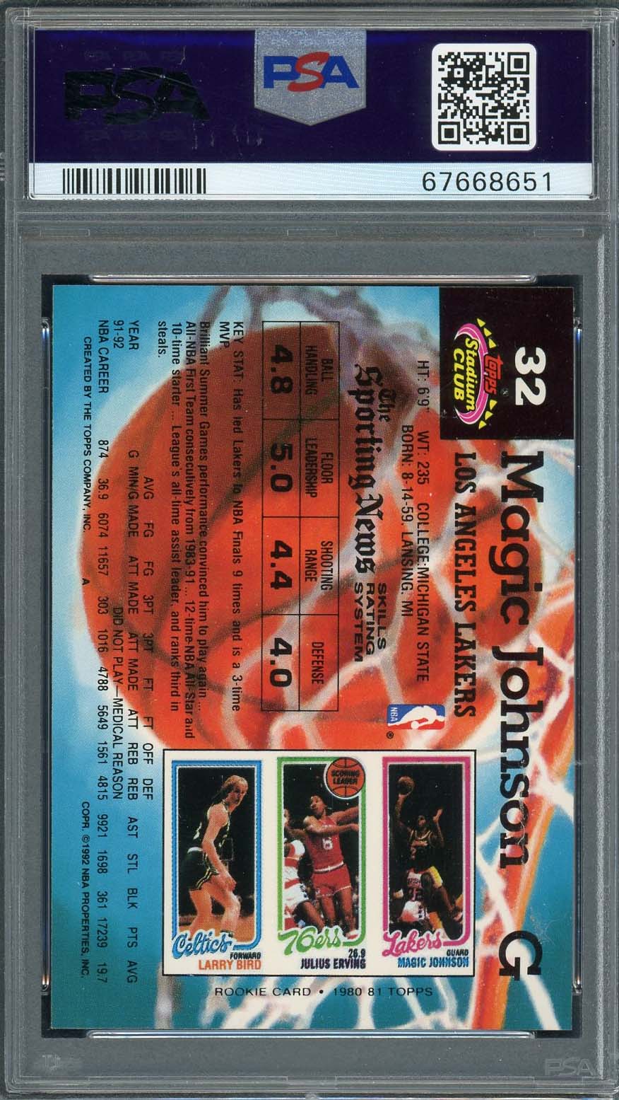 Magic Johnson 1992 Topps Stadium Club Basketball Card #32 Graded PSA 10-Powers Sports Memorabilia
